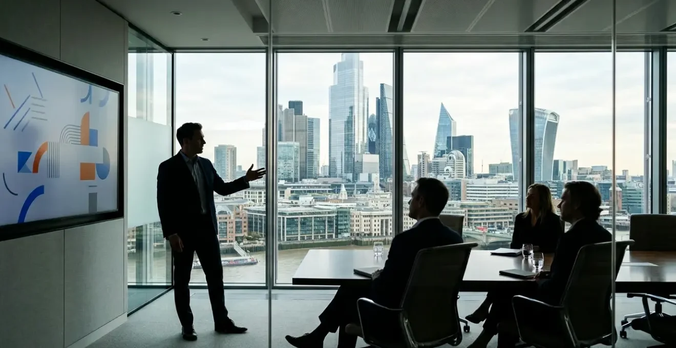 Professional presenting storyboards to London agency executives in modern boardroom