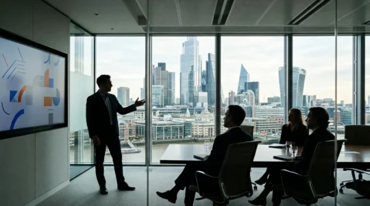 Professional presenting storyboards to London agency executives in modern boardroom