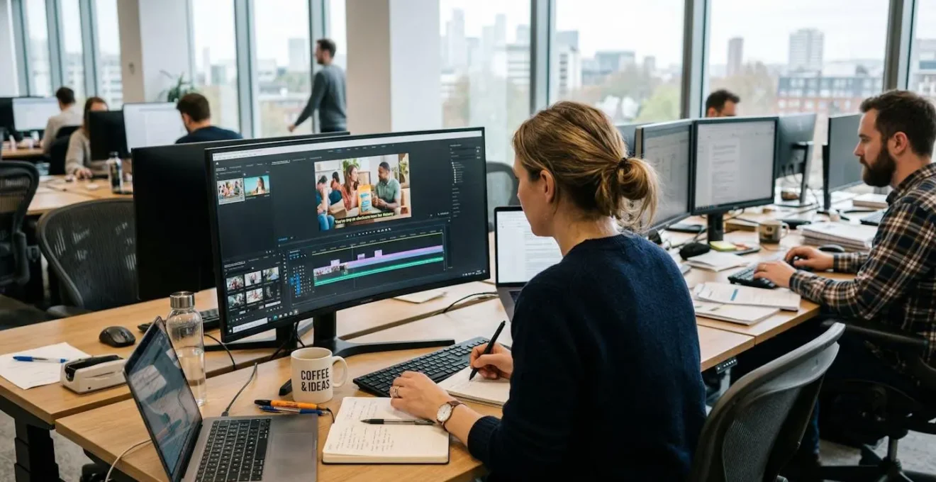 Marketing professional reviewing video content strategy on monitor in modern office