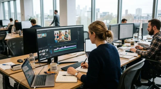 Marketing professional reviewing video content strategy on monitor in modern office