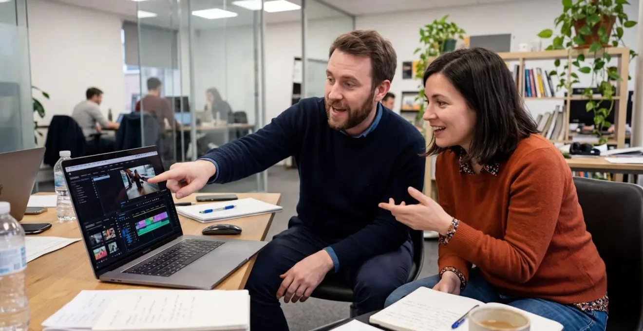 Two colleagues reviewing video marketing project on laptop in meeting room