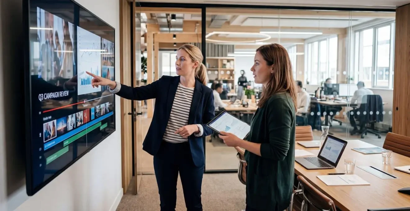 Two marketing professionals reviewing video on wall-mounted screen in modern conference room