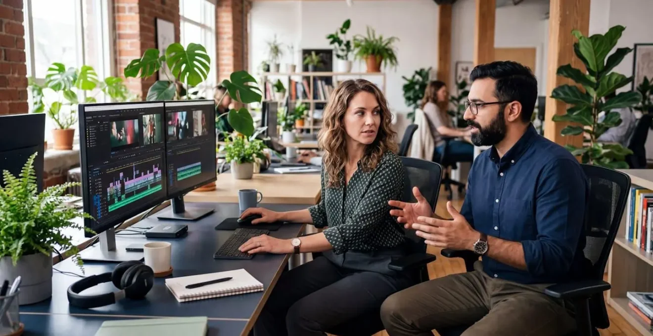 Two marketing colleagues collaborating on video editing workstation reviewing subtitle timeline
