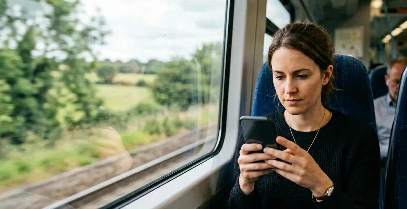 Person viewing video on smartphone during UK train commute, comparing visual quality in realistic lighting