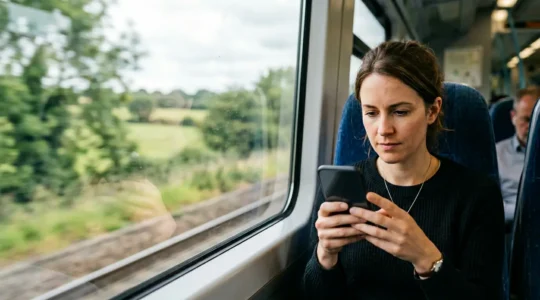 Person viewing video on smartphone during UK train commute, comparing visual quality in realistic lighting