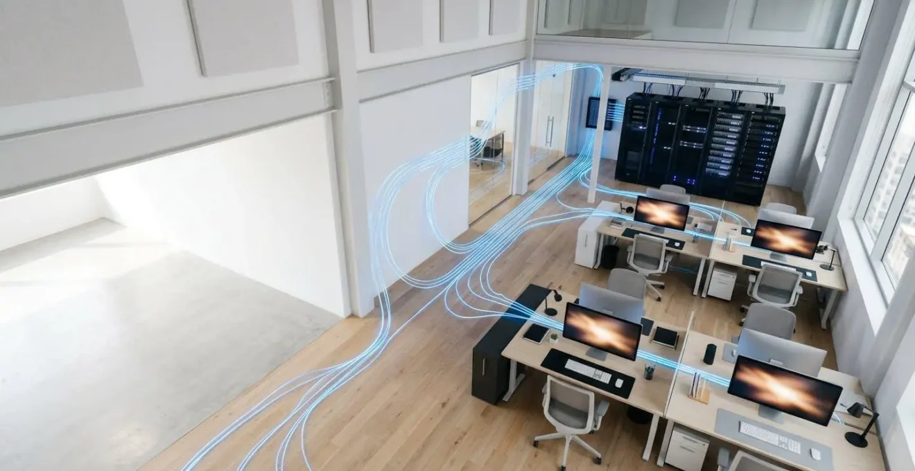 Modern office network infrastructure supporting 4K video editing workflows