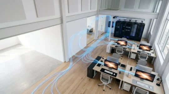 Modern office network infrastructure supporting 4K video editing workflows