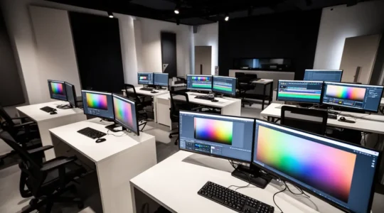 Professional post-production studio setup showcasing organized workflow and team collaboration