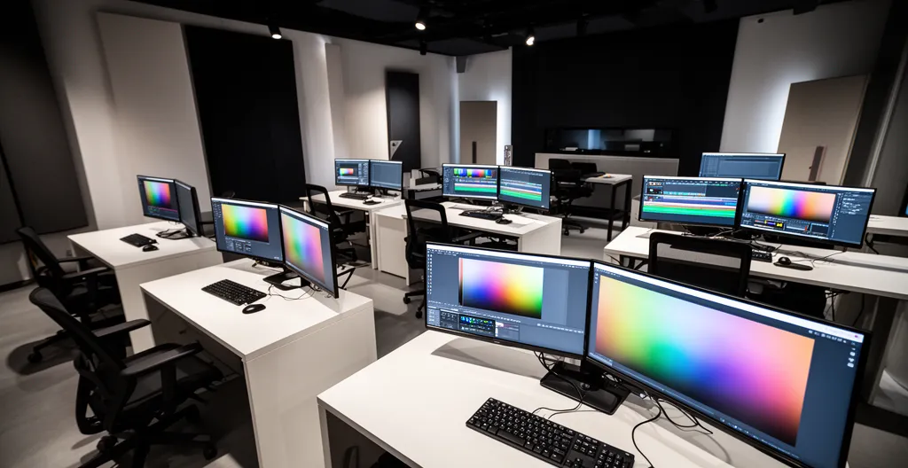Professional post-production studio setup showcasing organized workflow and team collaboration