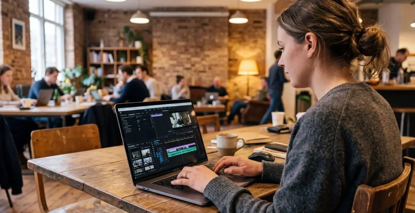 Professional typing on laptop displaying video timeline interface in coworking space