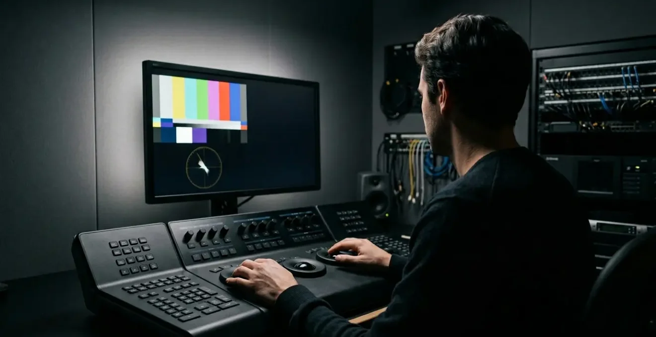 Professional color grading suite showing calibrated broadcast monitor displaying vectorscope and waveform tools for UK TV compliance