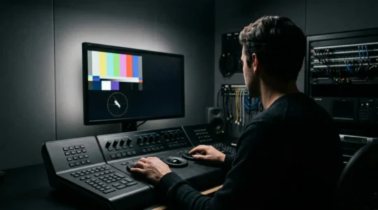 Professional color grading suite showing calibrated broadcast monitor displaying vectorscope and waveform tools for UK TV compliance