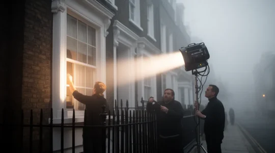 Professional film lighting setup with HMI light creating sunlight effect through window on overcast day