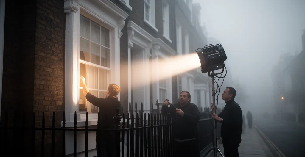 Professional film lighting setup with HMI light creating sunlight effect through window on overcast day