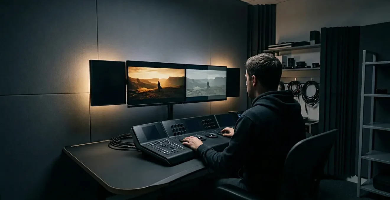 Professional video editing suite showing color grading comparison on dual monitors