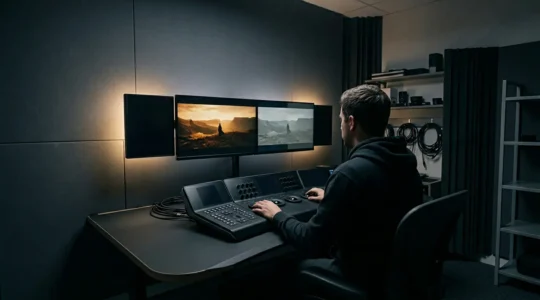 Professional video editing suite showing color grading comparison on dual monitors