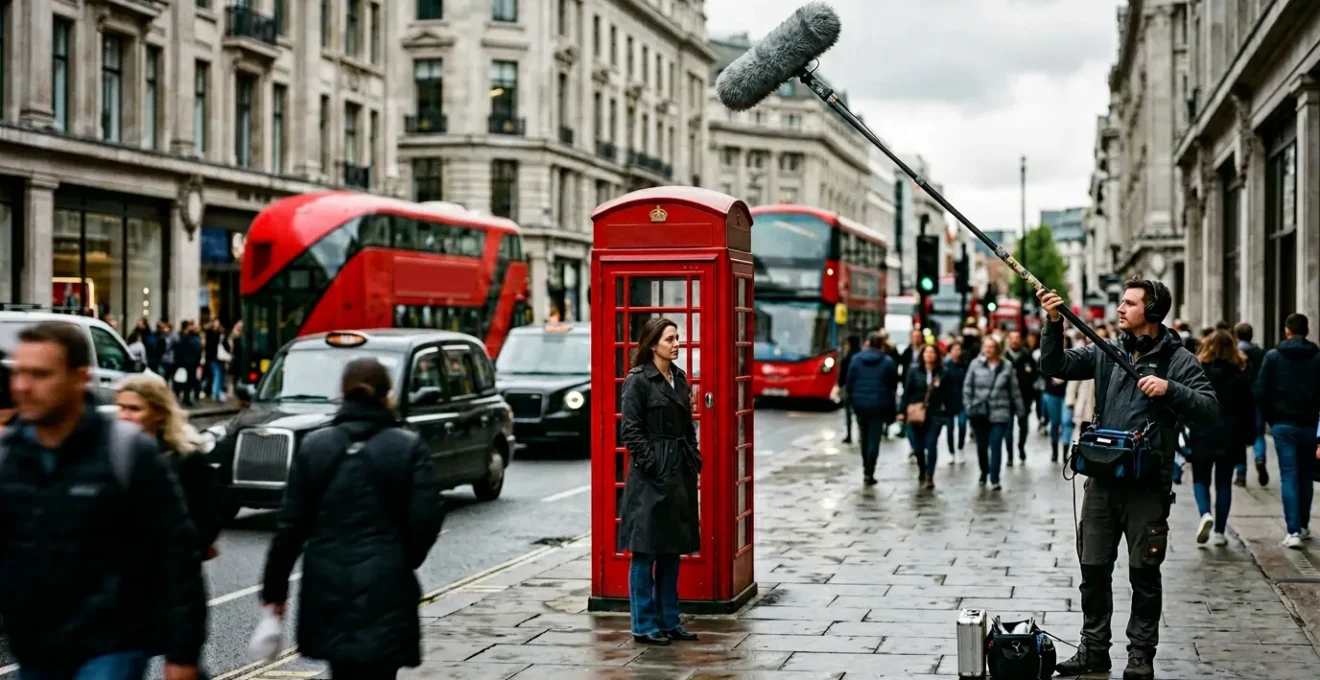Professional audio recording setup in busy London street environment