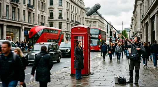 Professional audio recording setup in busy London street environment