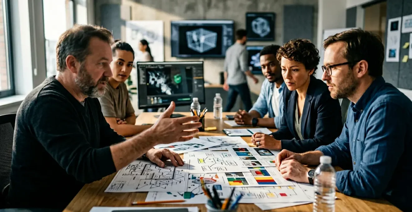VFX supervisor reviewing storyboards with production team during pre-visualization meeting