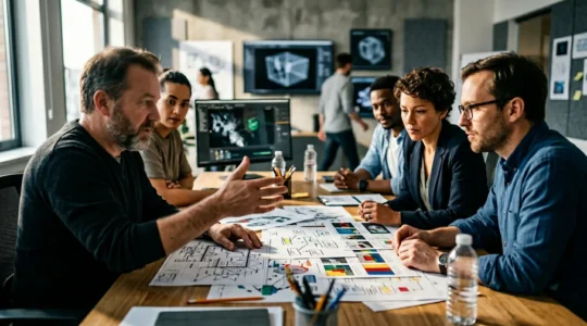 VFX supervisor reviewing storyboards with production team during pre-visualization meeting