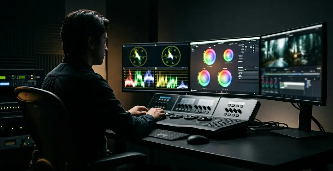 Professional video editor working with color scopes and calibrated monitor in dimly lit studio