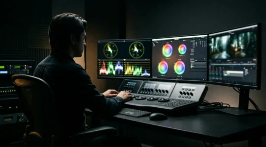 Professional video editor working with color scopes and calibrated monitor in dimly lit studio