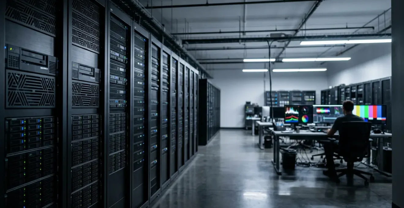 Professional video production facility with organized media storage systems and monitoring displays