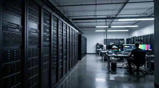 Professional video production facility with organized media storage systems and monitoring displays