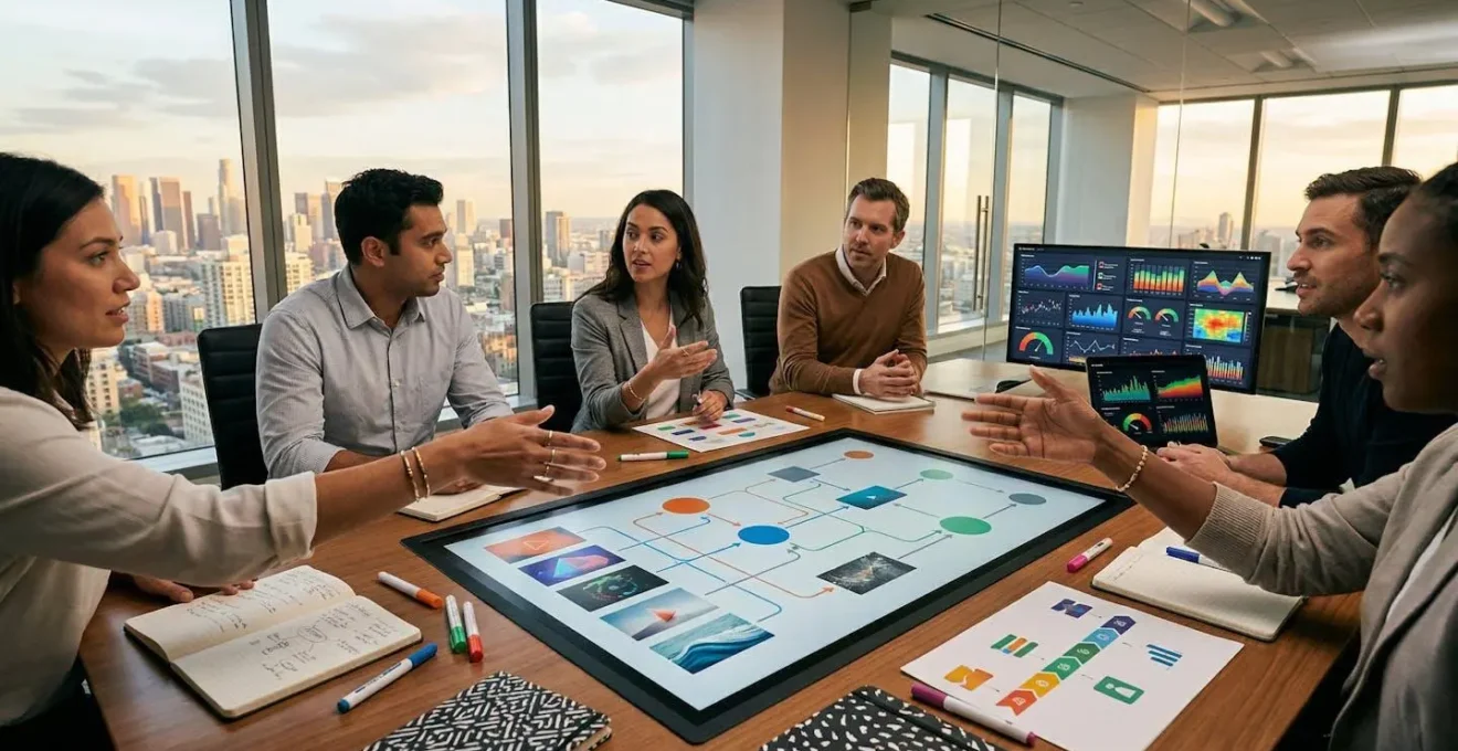 Professional marketing team analyzing video content strategy for product launch