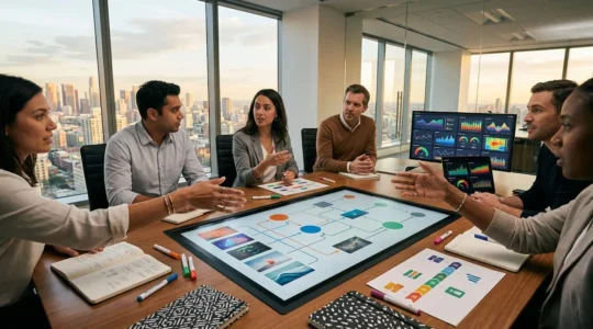 Professional marketing team analyzing video content strategy for product launch