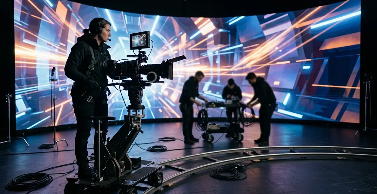 Film crew shooting a sci-fi commercial on an LED volume stage with curved screens displaying futuristic cityscape