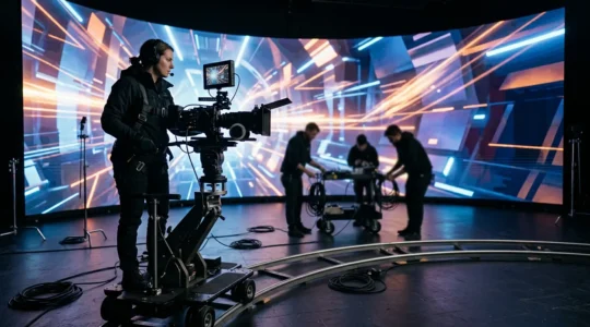 Film crew shooting a sci-fi commercial on an LED volume stage with curved screens displaying futuristic cityscape