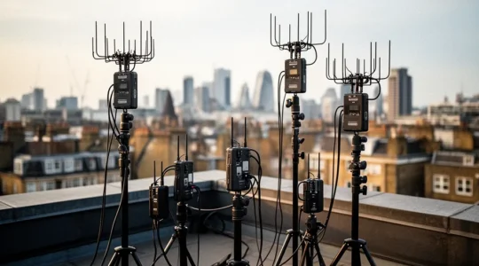 Professional audio setup with wireless microphones in an urban London environment