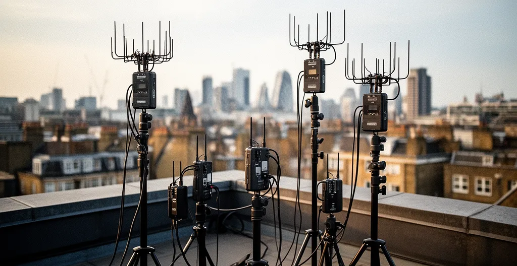 Professional audio setup with wireless microphones in an urban London environment