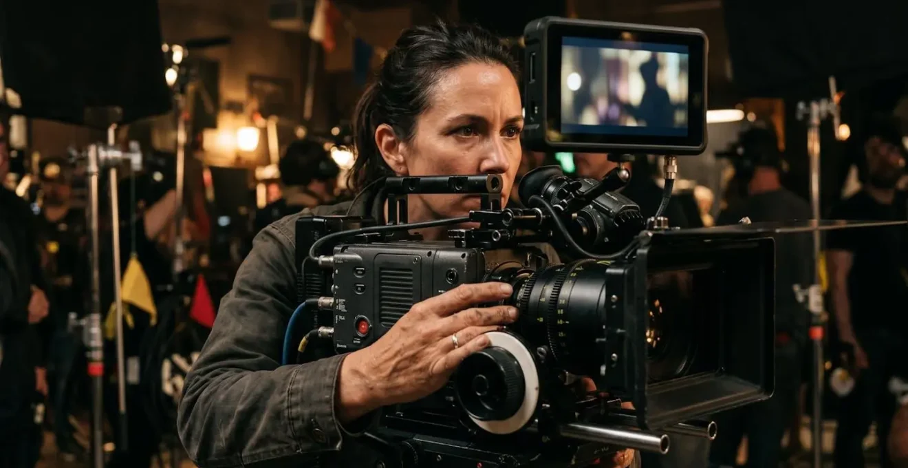 Professional cinematographer adjusting focus on 8K camera with external monitor