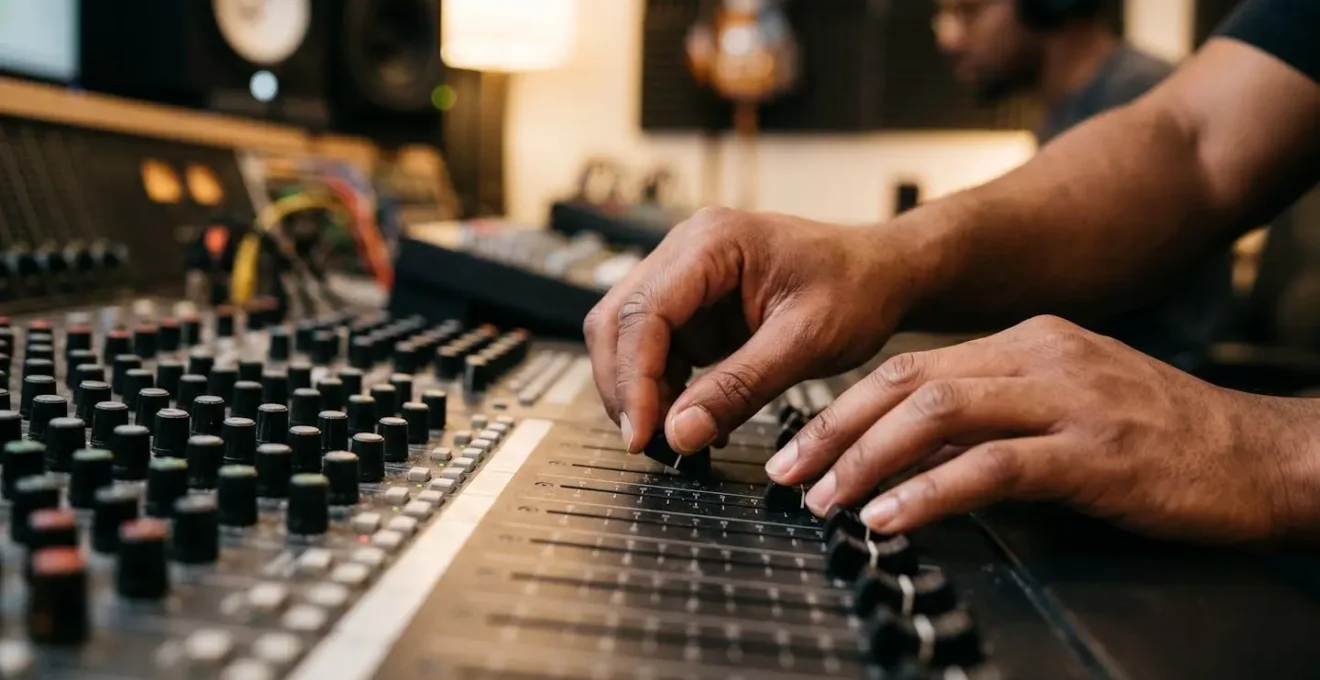 Close-up of audio engineer's hands adjusting control surface