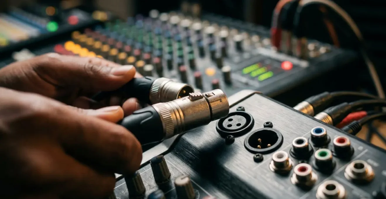 Close-up of professional audio cables and connections at sound mixing board