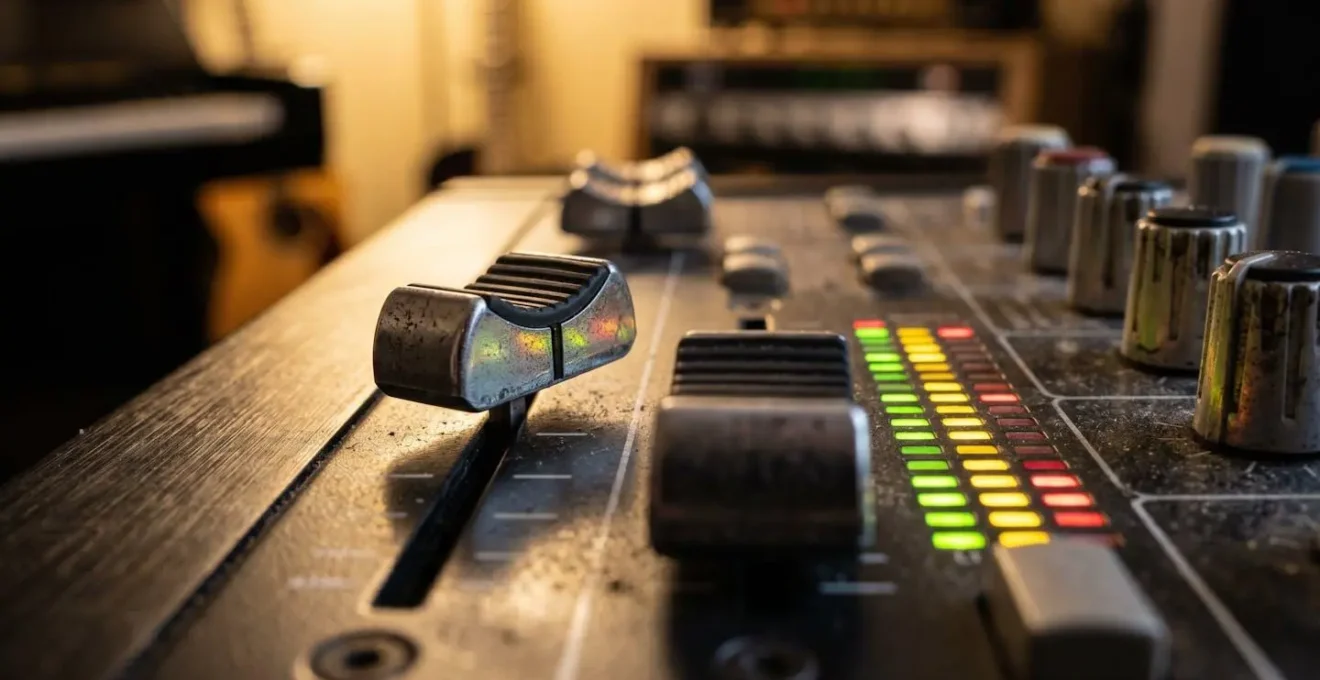 Close-up of sound mixing console with layered waveforms and acoustic instruments