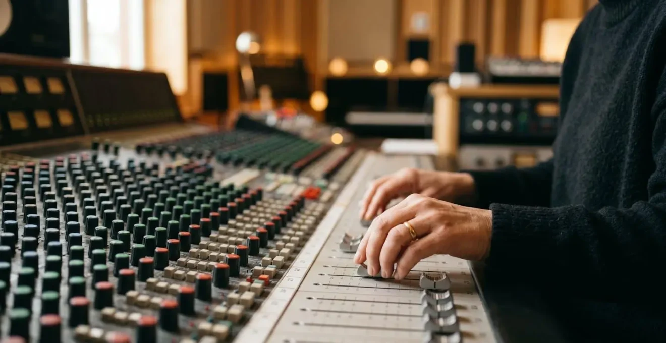 Human perspective of audio engineer at work with hands on mixing console faders