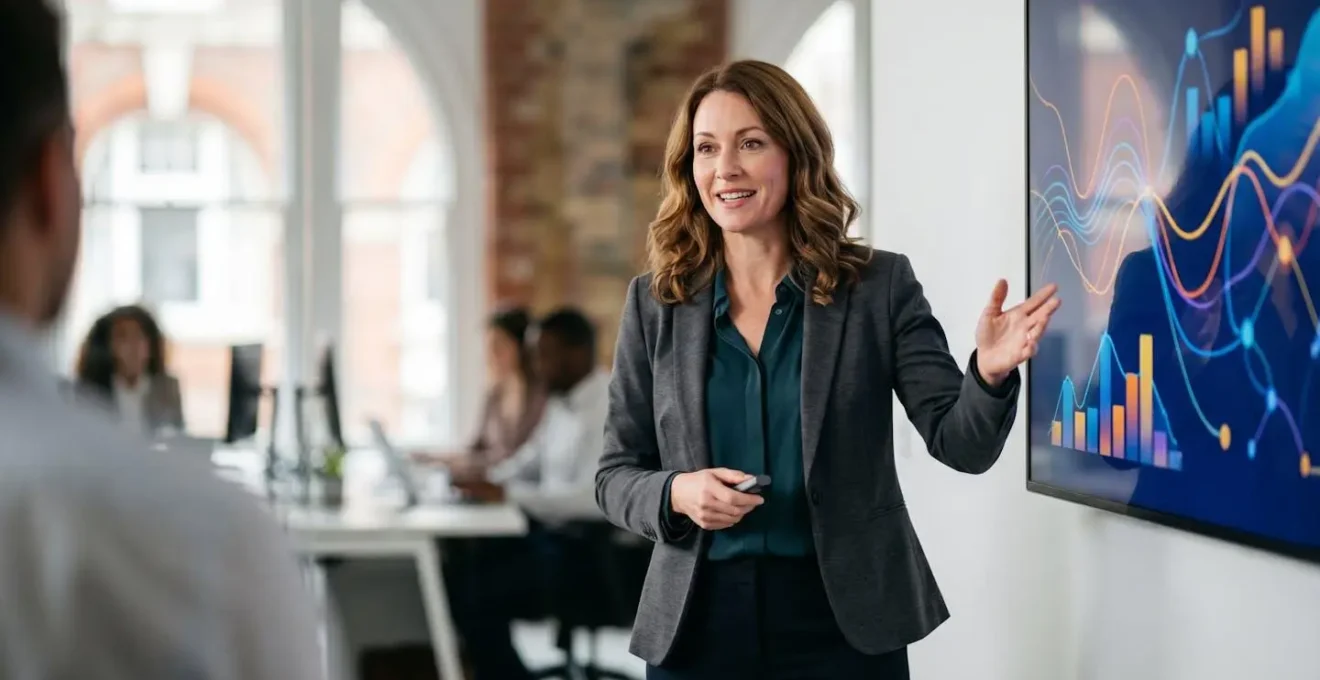 Professional presenting educational content with data visualization