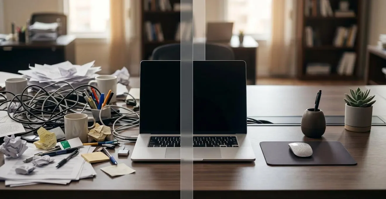 Split-screen visualization showing transformation from a cluttered, problematic state to a clean, solution-oriented state