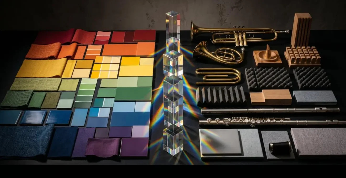 Split composition showing visual brand elements harmonizing with sound wave representations