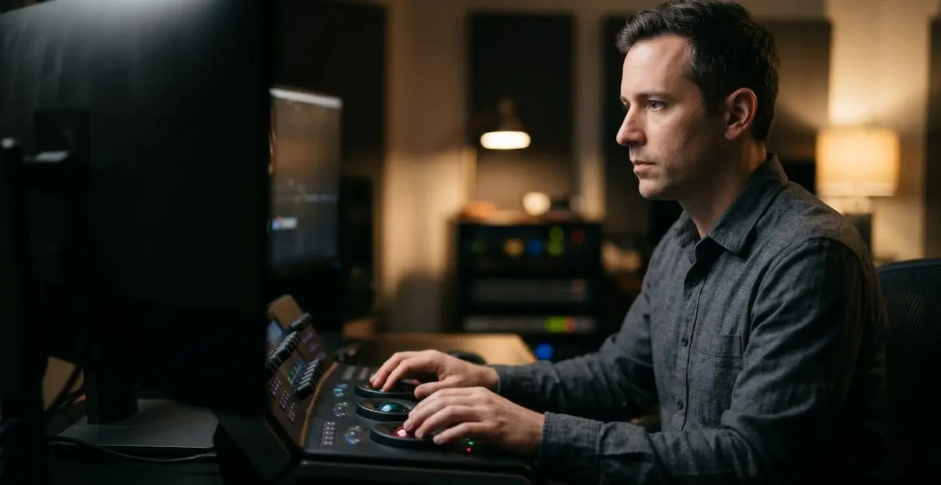 Professional colorist working on custom LUT creation in high-end grading suite