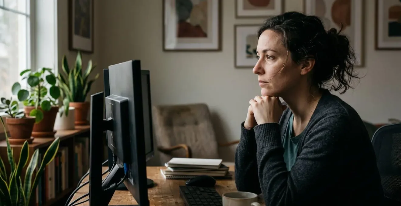 Isolated creative professional in home office showing signs of disconnection