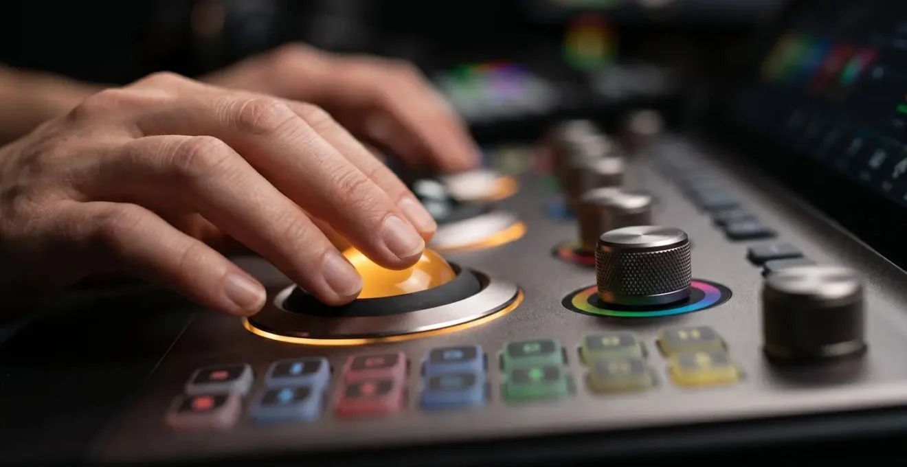 Close-up of hands adjusting color wheels on professional grading panel
