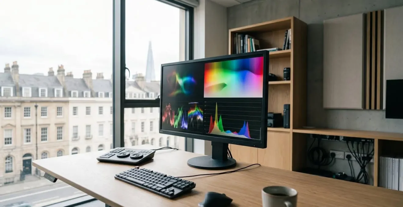 Professional video editing setup showing downscaling process comparison on high-end monitor