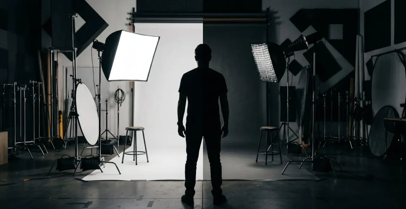 Professional lighting setup demonstrating Rembrandt lighting pattern for dramatic video production