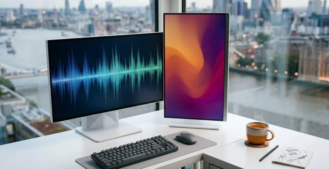 Vertical monitor configuration on a compact desk showing efficient use of limited London studio space
