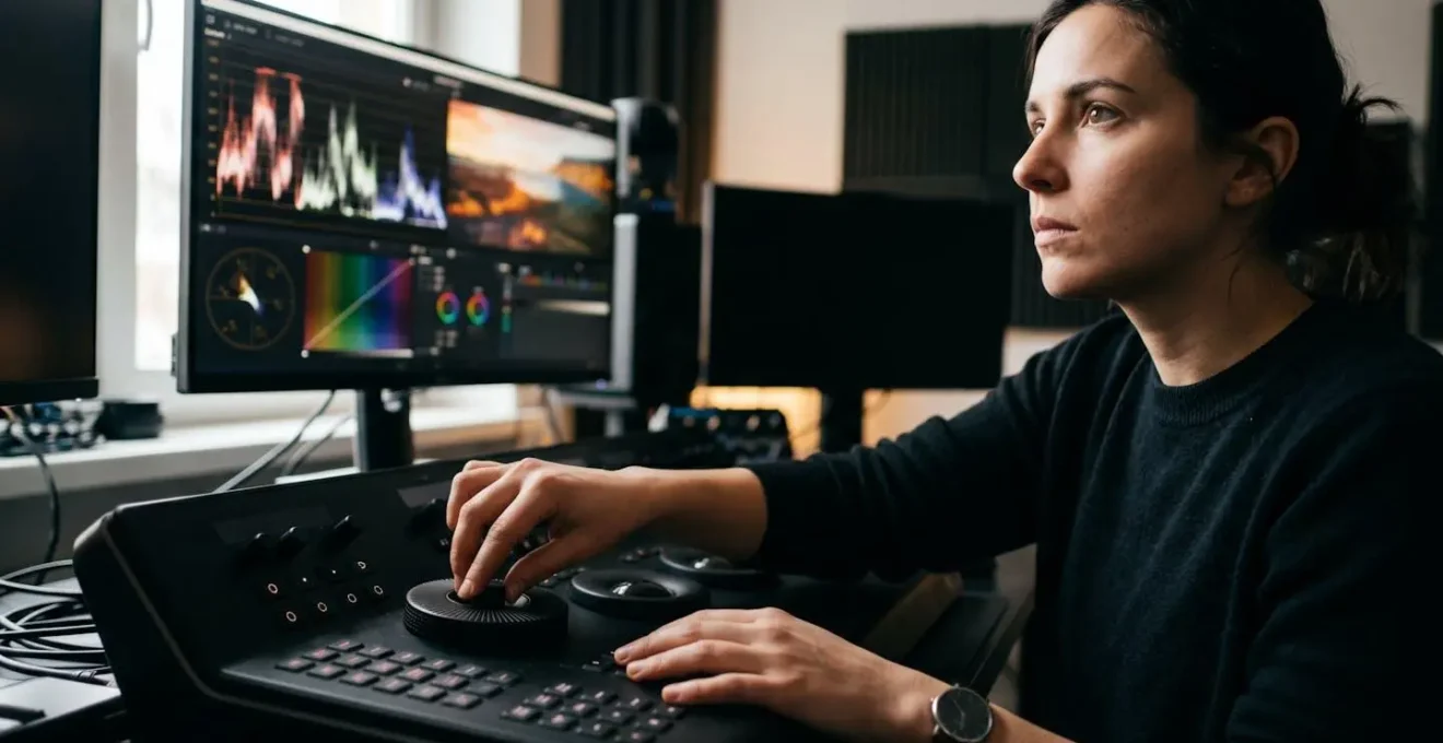Professional colorist working with waveform monitors displaying HDR signal analysis