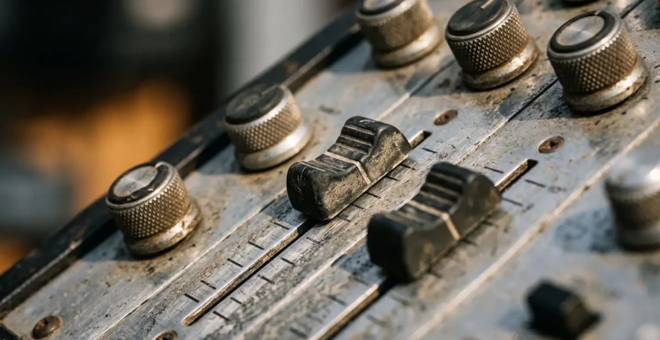 Macro shot of analog EQ knobs with textured surfaces showing frequency adjustment